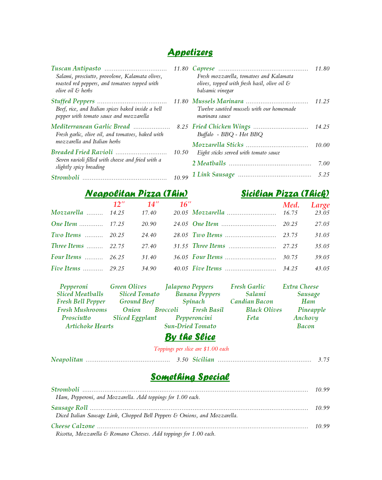 Menu | Giuseppe’s Pizza & Italian Specialties