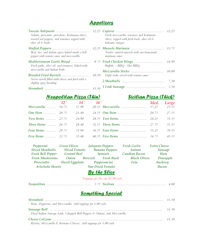 Menu | Giuseppe’s Pizza & Italian Specialties